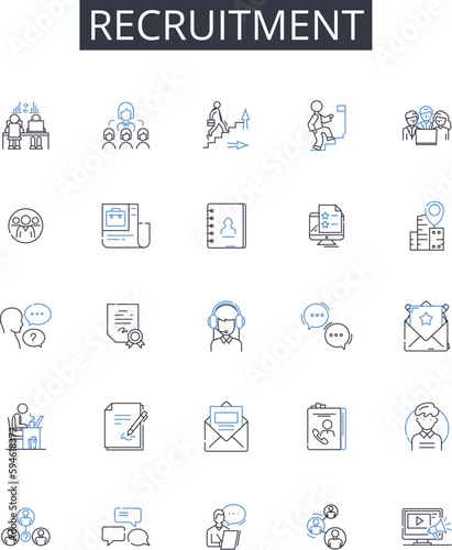 Recruitment line icons collection. Blissful, Lush, Peaceful, Serene, Calming, Bucolic, Tranquil vector and linear illustration. Idyllic,Scenic,Radiant outline signs set