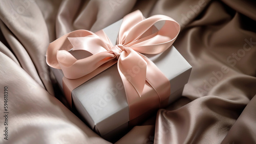 Beautifully wrapped Mother's Day gift, adorned with a delicate satin bow and placed on a soft, textured fabric.