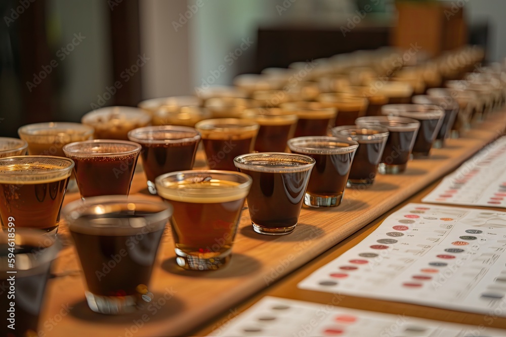 coffee cupping, in which the flavor of different coffees are tested and evaluated, created with generative ai - obrazy, fototapety, plakaty 
