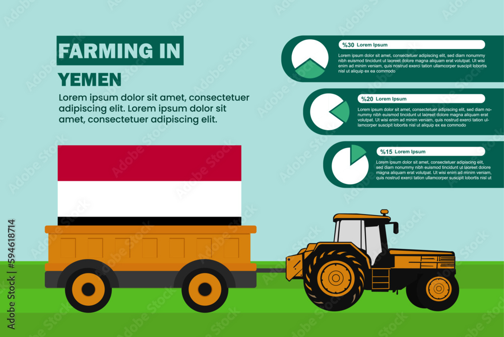Farming industry in Yemen, pie chart infographics with tractor and trailer Farming industry in Yemen, pie chart infographics with tractor and trailer