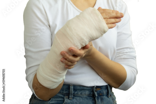 A woman with a broken arm in a plaster cast isolated transparent png. Health insurance concept.