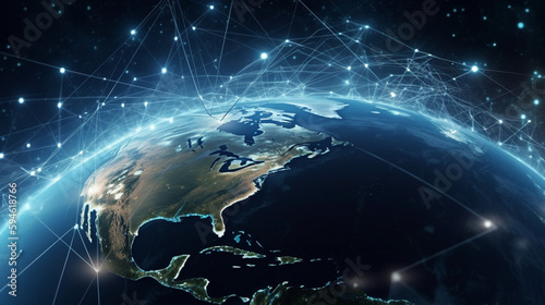 image of the earth with many network lines on it and stars surrounding