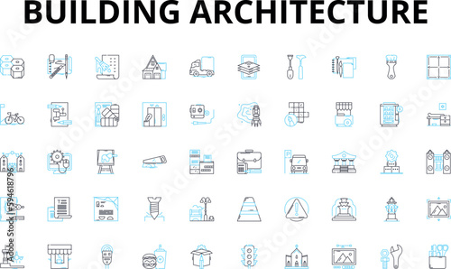Building architecture linear icons set. Skyscraper, Blueprint, Facade, Columns, Foundations, Roofing, Materials vector symbols and line concept signs. Design,Beams,Windows illustration