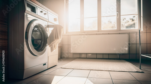 Interior of modern laundry room with laundry basket and contemporary washer sun's rays. Generative AI. High quality illustration
