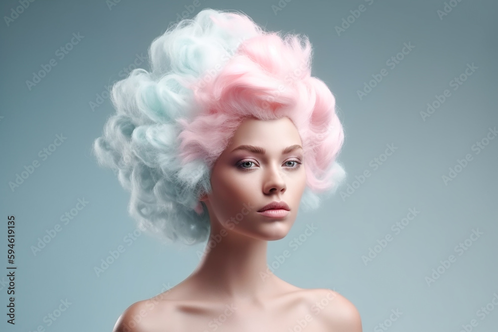 Young fictitious woman with cotton candy hair and matching shirt. AI generated image