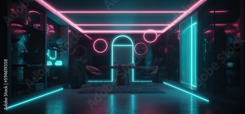Neon blue and pink lights illuminating a dark room, modern cyberpunk futuristic living room - generative ai