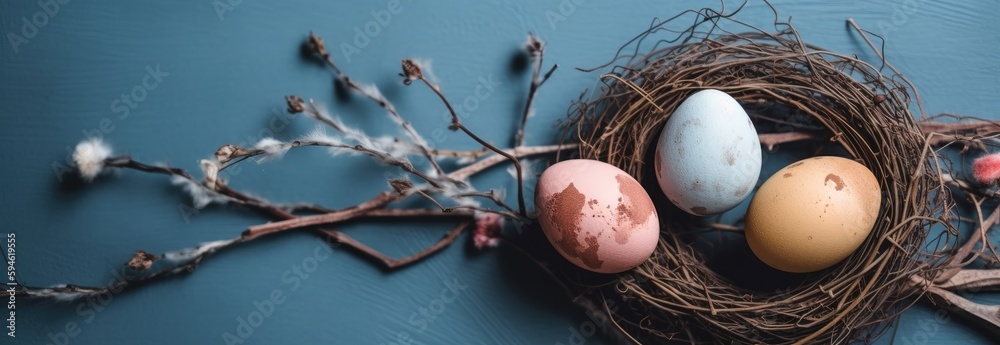 Pastel blue colored easter eggs on a nest, blue background, copy space banner - generative ai