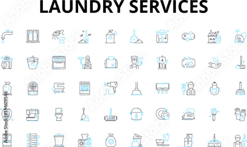 Laundry services linear icons set. Washing, Drying, Ironing, Folding, Stain-removal, Bleaching, Dry-cleaning vector symbols and line concept signs. Pressing,Sorting,Soaking illustration