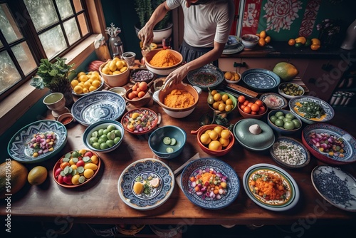 A Person Standing Over A Table Filled With Bowls Of Food And Bowls Of Fruit Kitchen Food Photography Food Photography Generative AI