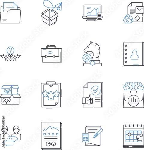 Report processing line icons collection. Automation, Analytics, Computation, Compilation, Data, Delivery, Efficiency vector and linear illustration. Extraction,Formatting,Generation outline signs set