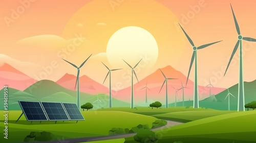 many wind generators stand on top of a lush green hillside. eco