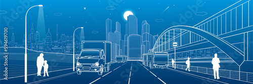 City transportation infrastructure illustration. Passengers get off the bus. people walk down the street. Automotive highway. Cars move. Night town at background, vector design art