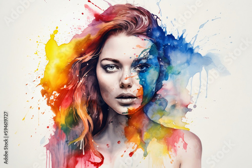 Colorful abstract art portrait of young woman face isolated on white background in watercolor style (AI generated)	