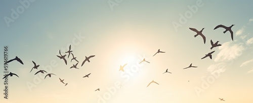 Birds flying in the blue sky and sunlight rays shining on a beautiful day - generative ai © Infinite Shoreline
