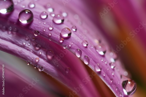 A close-up shot of droplets on a flower petal,