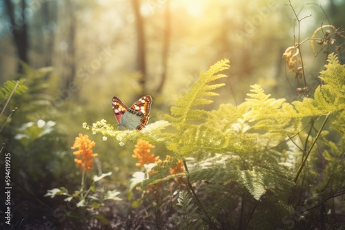 Spring forest background with a colorful butterfly, beautiful meadows landscape - generative ai