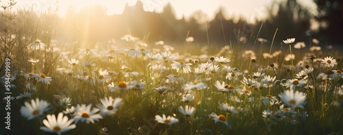 Radiant Sun with White Flowers in Meadow, beautiful spring forest landscape - generative ai