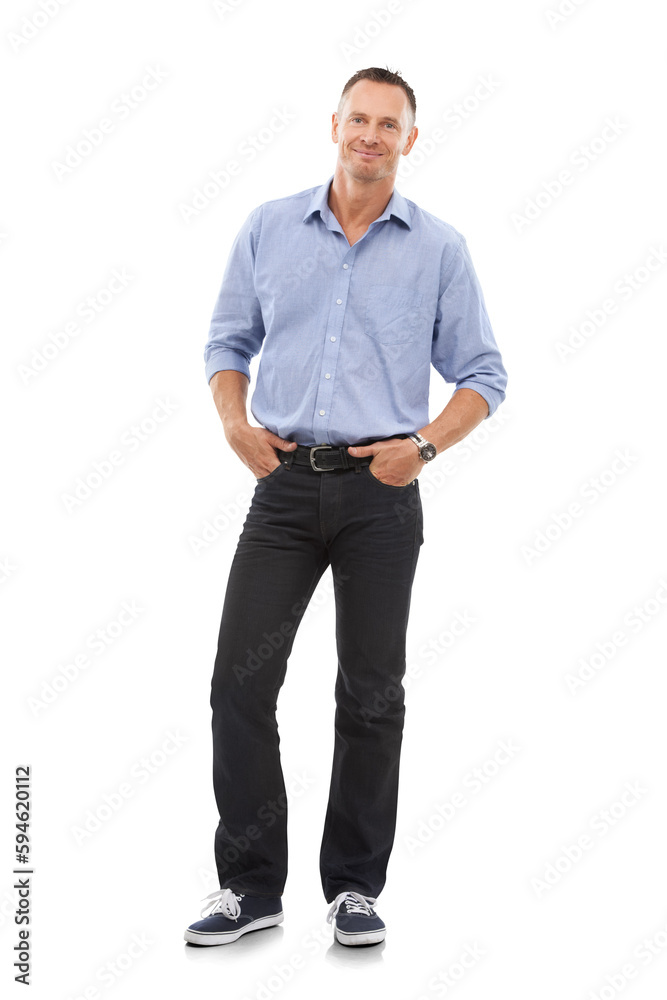 Fototapeta premium Portrait, mindset and PNG with a business man isolated on a transparent background for a professional career. Happy, vision and smile with a mature male employee standing in a corporate company