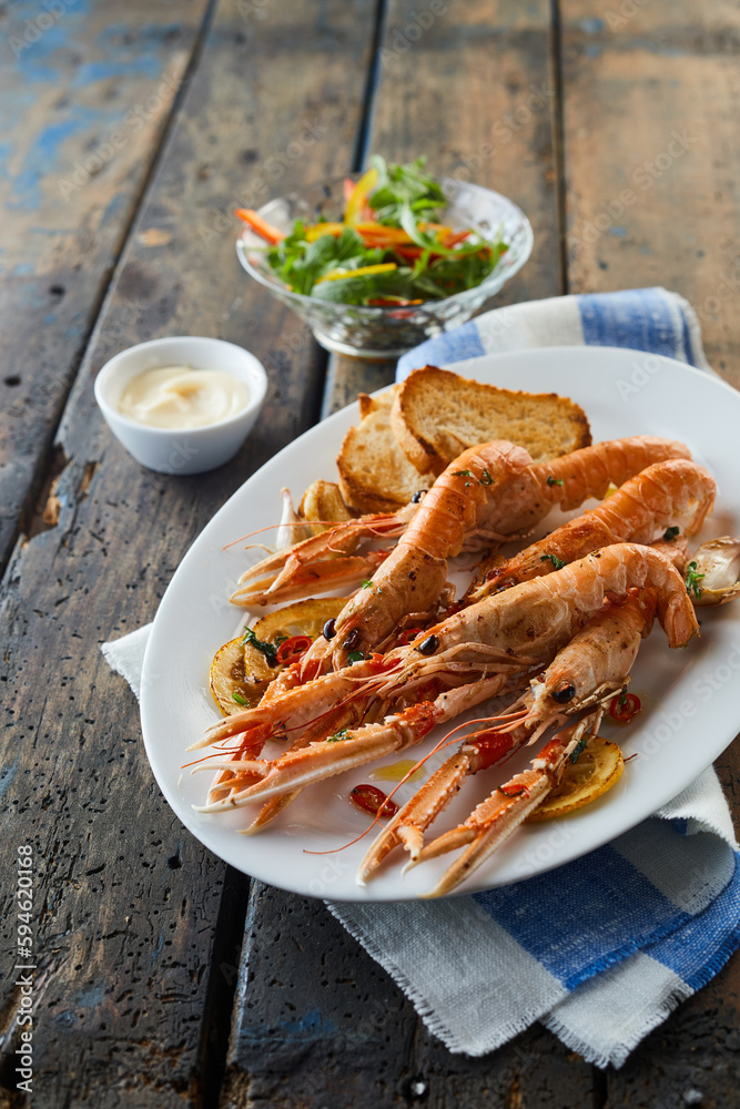 King prawn with rusks served for lunch King prawn with rusks served for lunch