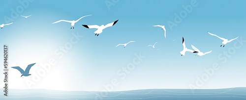 Birds flying in the blue sky and sunlight rays shining on a beautiful day - generative ai