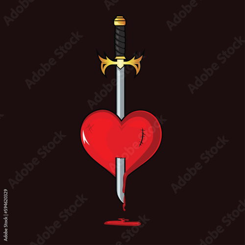 Broken heart with a sword going though and blood on the ground. It shows how love hurts when someone close stab your heart and makes you sad. Can be used as a tattoo or a heartbreak related post.