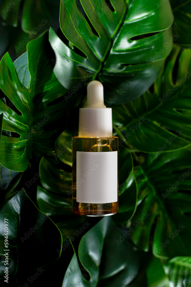 Natural cosmetic product serum dropper on black background. Cream, toner, lotion for face with vitamin c. Top view image with copy space and monstera leaf.