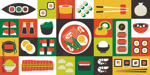 Asian food geometric banner. Minimal japanese chinese seafood background sushi shrimp sashimi salmon soup. Vector design