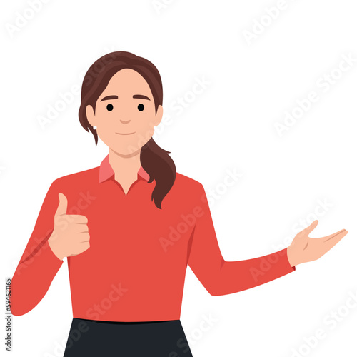 Young woman presenting, making a gesture with thumb up