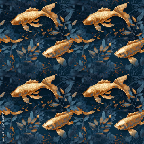 Goldfish in aquarium with blue plants. AI generative illustration.