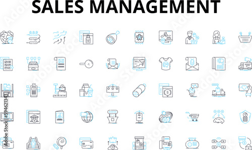 Sales management linear icons set. Prospecting, Pipeline, Forecasting, Territory, Metrics, Training, Performance vector symbols and line concept signs. Quota, Incentives, Strategy illustration