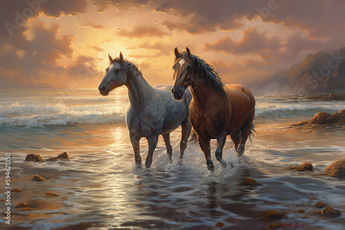 Two horses running on the beach at sunset  Generative AI illustration