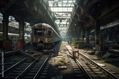 Abandoned train station in the middle of a foggy day, Generative AI