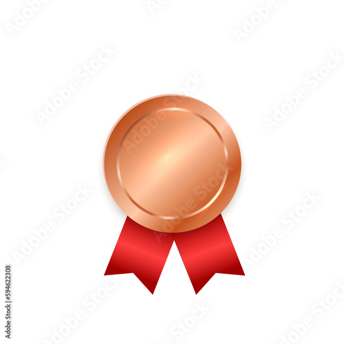 Gold medal. Golden winner award with red ribbon. Vector blank medallion prize.