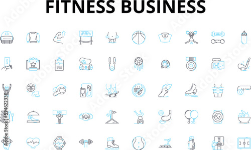 Fitness business linear icons set. Wellness, Health, Strength, Endurance, Gym, Workout, Exercise vector symbols and line concept signs. Cardio,Weightlifting,Yoga illustration