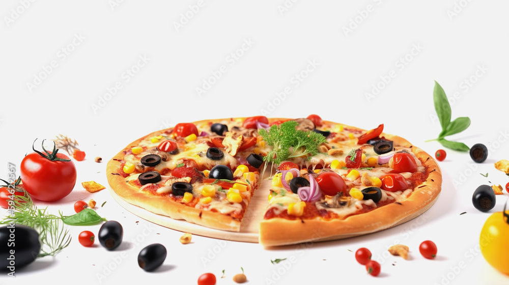 Vegan pizza on a white plate with microgreens, vegetables and beans. AI generated Vegan pizza on a white plate with microgreens, vegetables and beans. AI generated