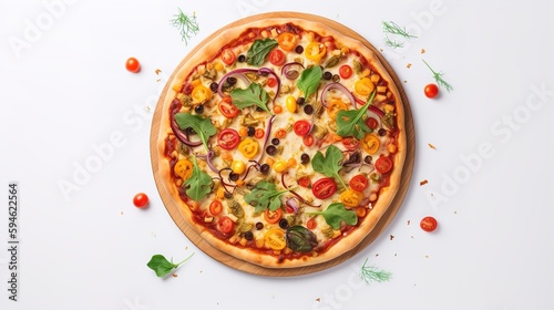 Vegan pizza on a white plate with microgreens, vegetables and beans, top view. AI generated