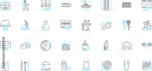 Training junkies linear icons set. Endurance, Stamina, Sweat, Dedication, Discipline, Determination, Muscle line vector and concept signs. Fitness,Challenge,Motivation outline illustrations