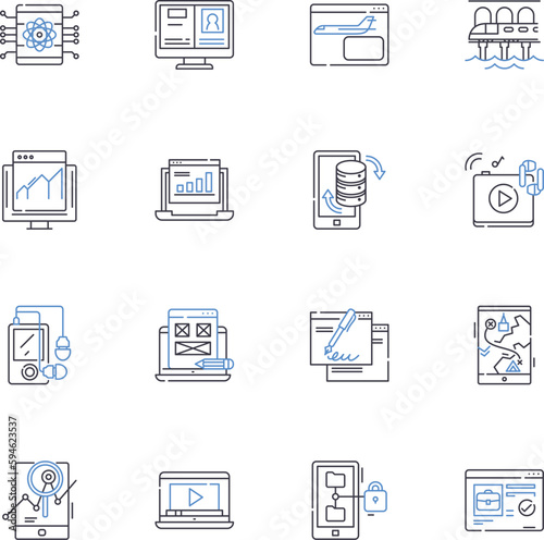 Information highway line icons collection. Connectivity, Data, Internet, Nerk, Infrastructure, Cyberspace, Broadband vector and linear illustration. Bandwidth,Technology,Digital outline signs set