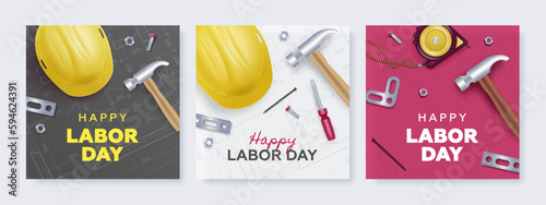 Happy labor day square banner set with yellow helmet and tools