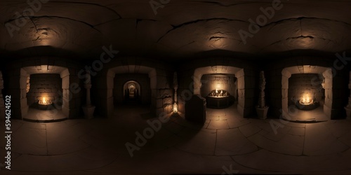 Full 360 degrees seamless spherical panorama HDRI equirectangular projection of Dark Old Vaulted Catacomb Dungeon. Texture environment map for lighting and reflection source rendering 3d scenes.