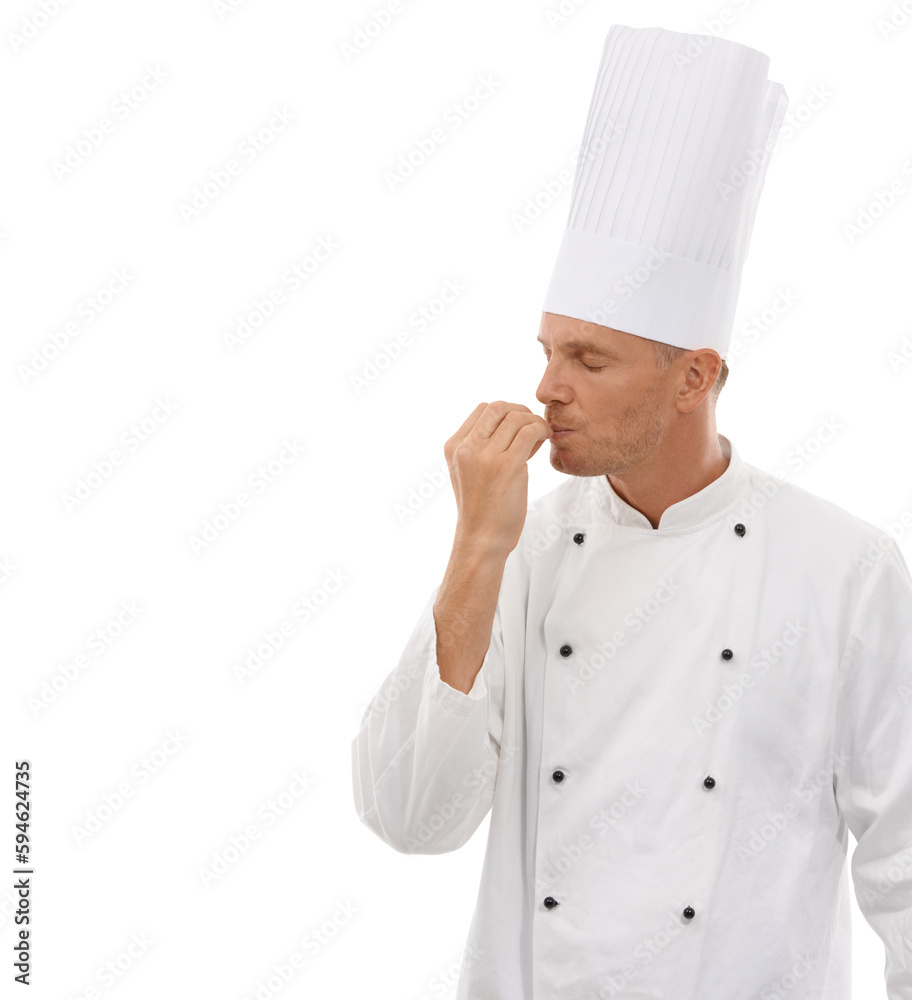 Man, chef and kissing hands for taste or delicious food and cooking skills. Proud and professional male culinary artist kiss hand for restaurant promotion isolated on a transparent, png background