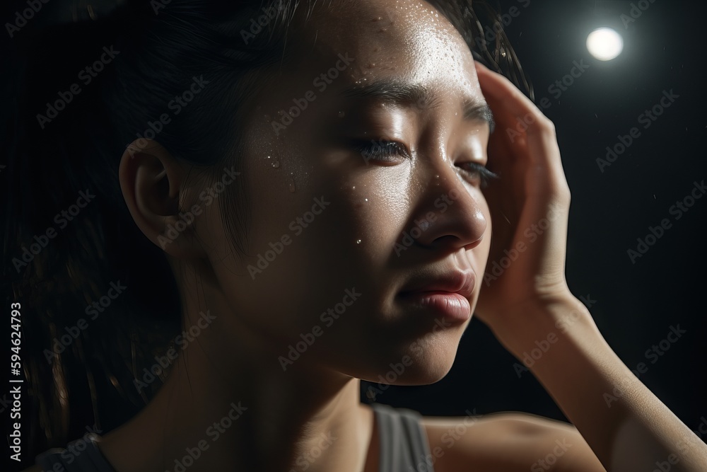 Capture a shot of someone taking a break from dancing and wiping the sweat from their forehead. Capture a shot of someone taking a break from dancing and wiping the sweat from their forehead.