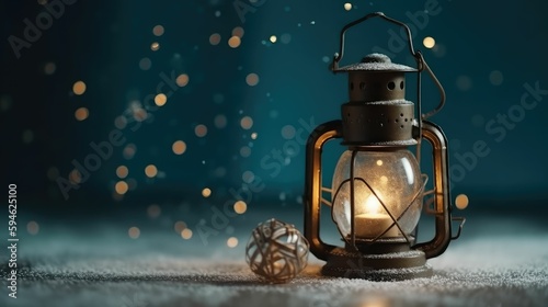 Burning lantern and christmas decoration.. Created with generative AI