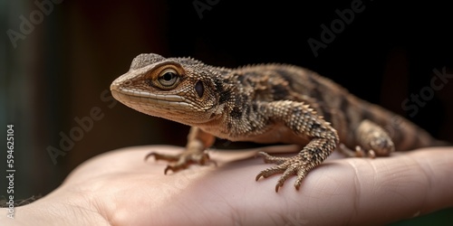 A lizard perched on its owners hand, contrasted against a textured, earthy backdrop, concept of Reptilian companionship, created with Generative AI technology