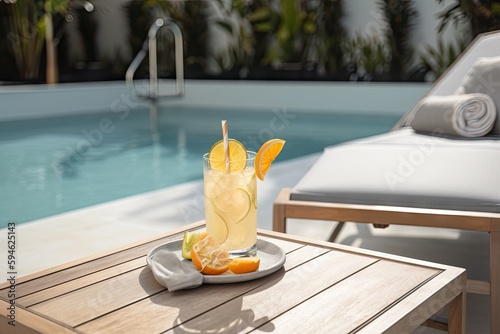 poolside lounge chair and refreshing beverage for staycation escape, created with generative ai photo