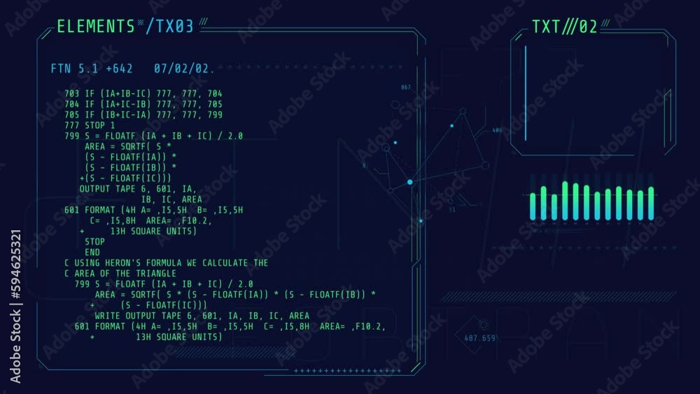 Abstract HUD interface with code and infographics.