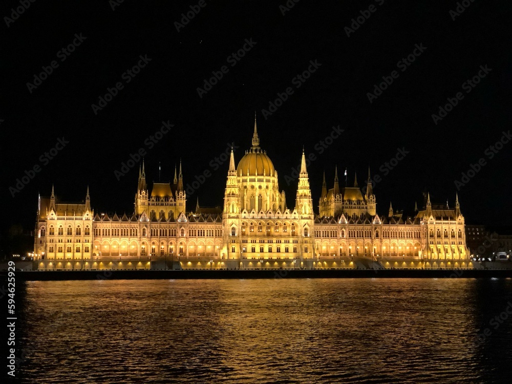 Illuminated Hungarian Parliament Building at night. Budapest, Hungary.