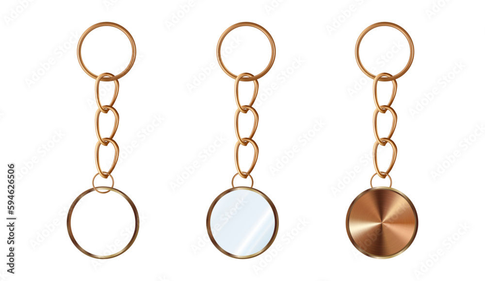 A set of copper or bronze key chains in the shape of a circle. Chains made of metal or alloy. Metal key holders isolated on white background. A set of copper or bronze key chains in the shape of a circle. Chains made of metal or alloy. Metal key holders isolated on white background.
