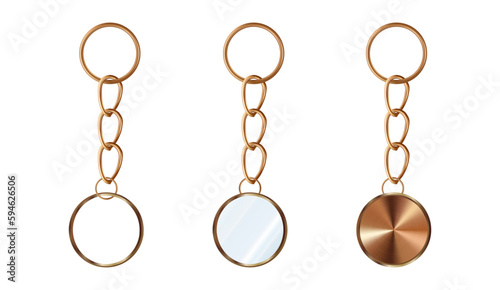 A set of copper or bronze key chains in the shape of a circle. Chains made of metal or alloy. Metal key holders isolated on white background.