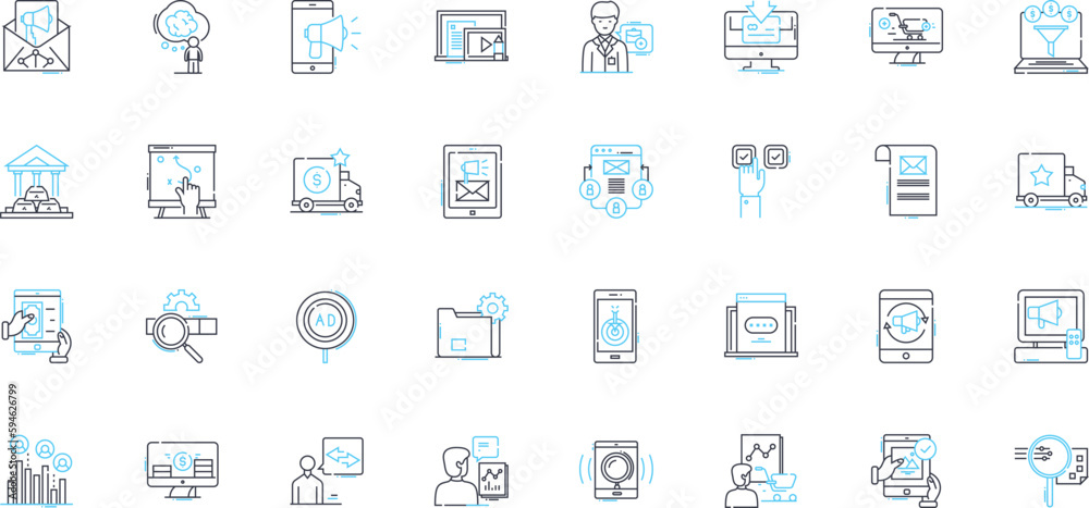 Promotion campaigns linear icons set. Marketing, Advertising, Branding, Sales, Social media, Promotion, Endorsement line vector and concept signs. Campaign,Publicity,Print media outline illustrations